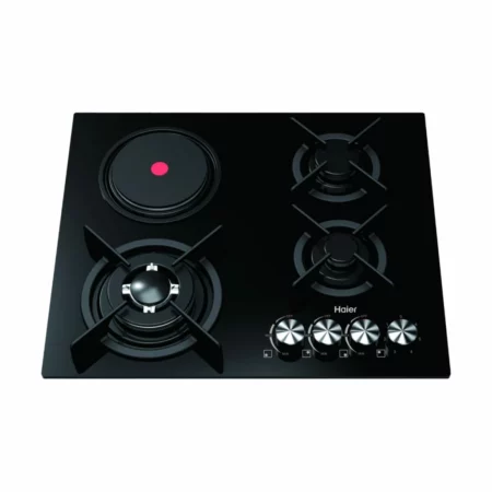 Plaque Haier Encastrable 4 Feux Mixte 3 Feux à Gaz, 1 Feu Électrique Verre Noir HOBF60FB