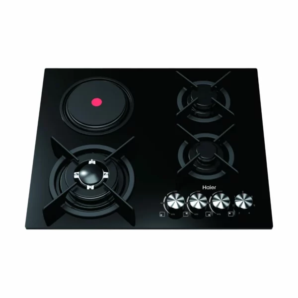 Plaque Haier Encastrable 4 Feux Mixte 3 Feux à Gaz, 1 Feu Électrique Verre Noir HOBF60FB